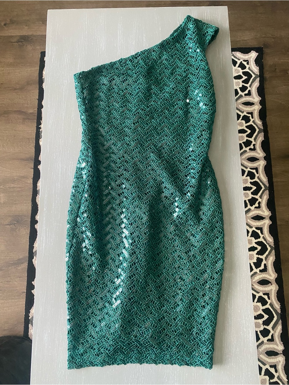 David Meister Elegant Emerald Green Sequin Lace Overlay Lined Dress Size 6